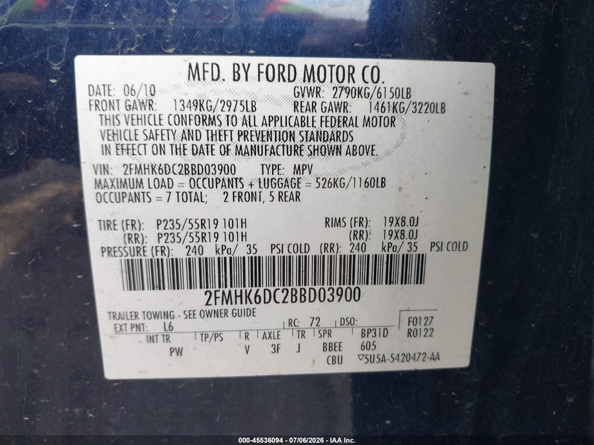 2011 Ford Flex Limited/Titanium VIN: 2FMHK6DC2BBD03900 Lot: 45536094