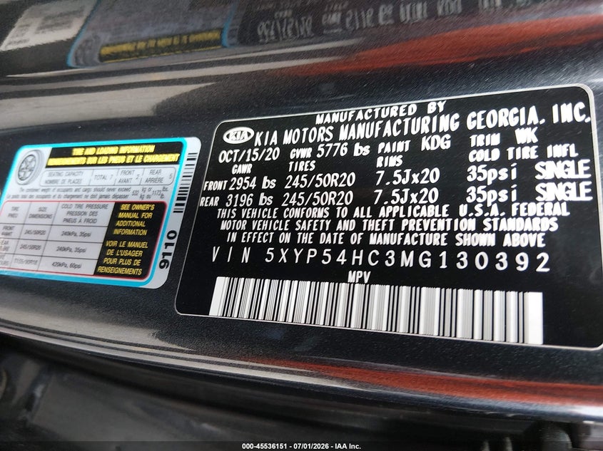 2021 KIA TELLURIDE(VIN: 5XYP54HC3MG130392