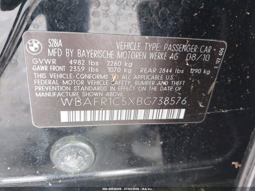 2011 BMW 5ER SEDAN 3.0L I-6 DOHC, VVT, 240HP