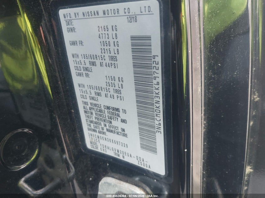 2019 Nissan Nv200 Sv VIN: 3N6CM0KN3KK697229 Lot: 45536304