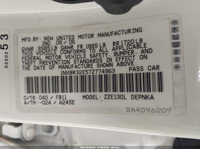 2007 Toyota Corolla Le VIN: 1NXBR32E57Z774963 Lot: 45536340