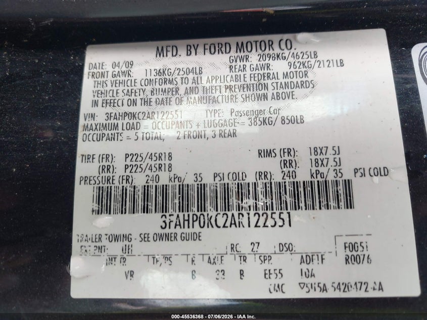 2010 Ford Fusion Sport VIN: 3FAHP0KC2AR122551 Lot: 45536368