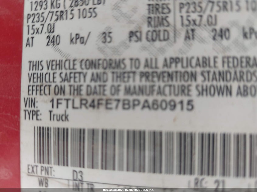 FORD RANGER 2011 VIN 1FTLR4FE7BPA60915