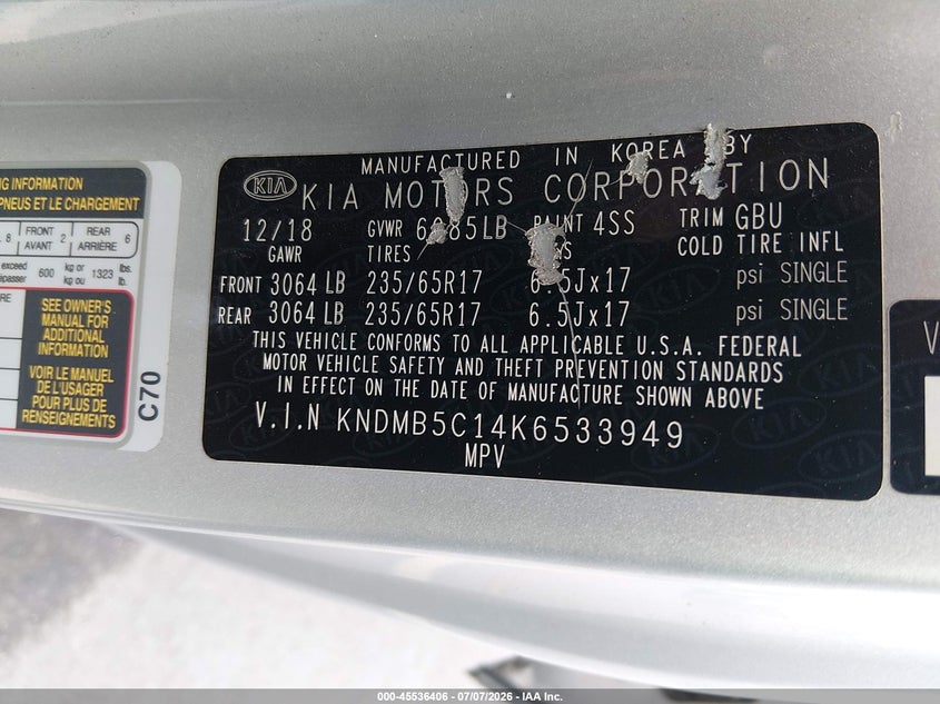 2019 Kia Sedona Lx VIN: KNDMB5C14K6533949 Lot: 45536406