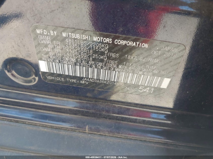 2019 Mitsubishi Outlander Sel VIN: JA4AD3A36KZ014593 Lot: 45536411