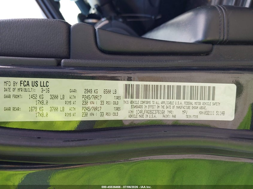 2016 Jeep Grand Cherokee Laredo VIN: 1C4RJFAG9GC376160 Lot: 45536466