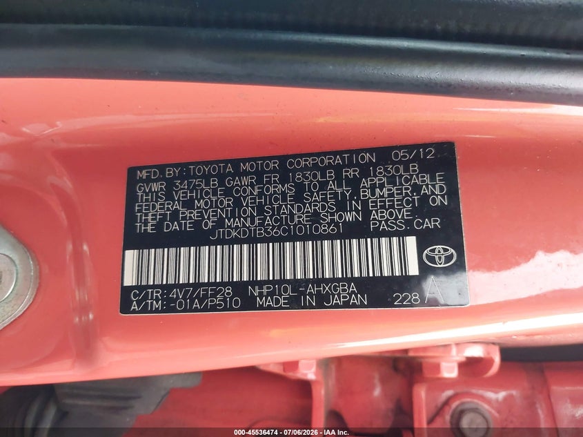 2012 Toyota Prius C Three VIN: JTDKDTB36C1010861 Lot: 45536474