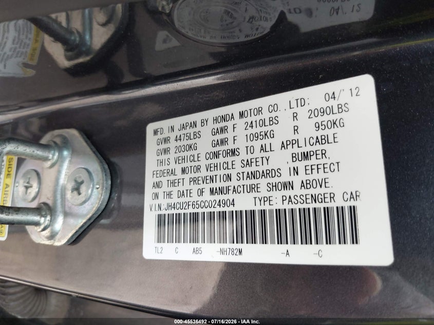 2012 Acura Tsx 2.4 VIN: JH4CU2F65CC024904 Lot: 45536492