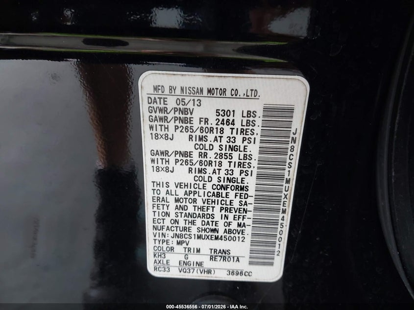 2014 Infiniti Qx70 VIN: JN8CS1MUXEM450012 Lot: 45536556