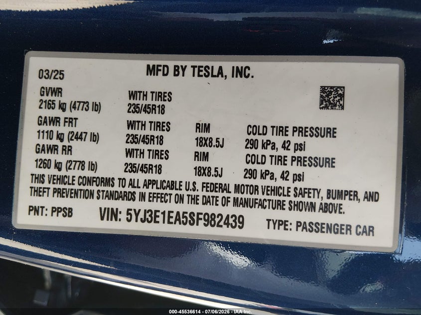 2025 TESLA MODEL 3 SEDAN ELECTRIC