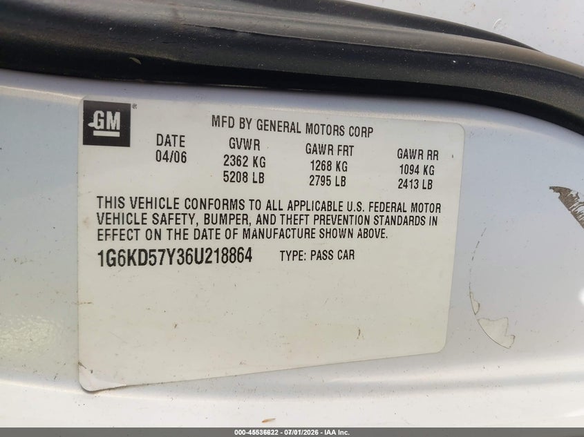 2006 Cadillac Dts Standard VIN: 1G6KD57Y36U218864 Lot: 45536622