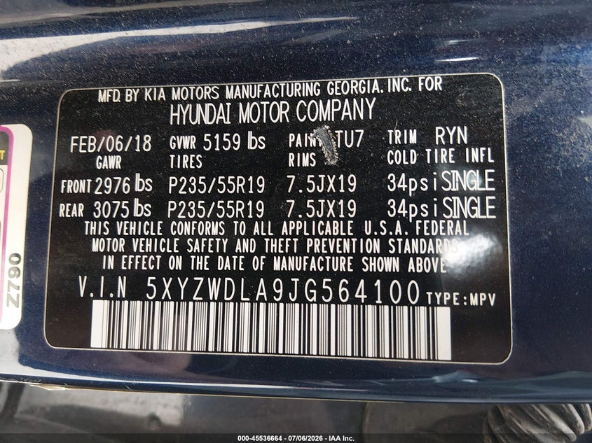 HYUNDAI SANTA FE SPORT 2018 VIN 5XYZWDLA9JG564100