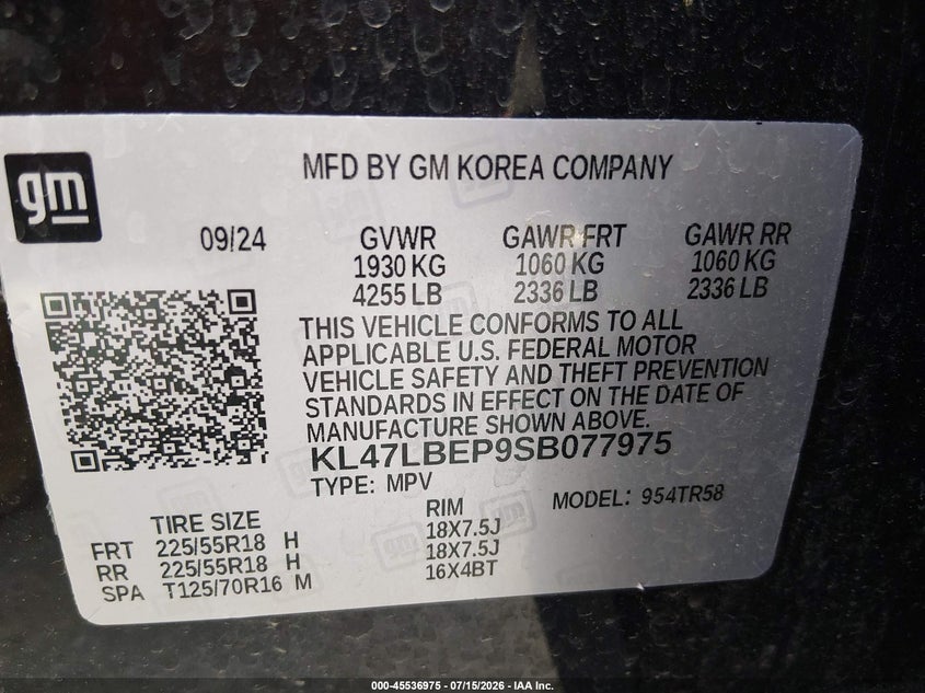 2025 Buick Envista Sport Touring Fwd VIN: KL47LBEP9SB077975 Lot: 45536975