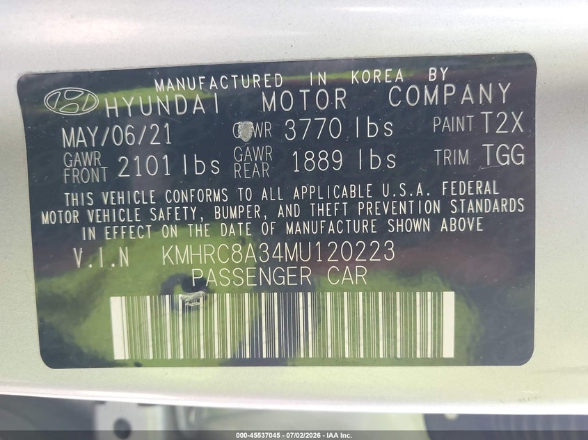 2021 Hyundai Venue Sel VIN: KMHRC8A34MU120223 Lot: 45537045