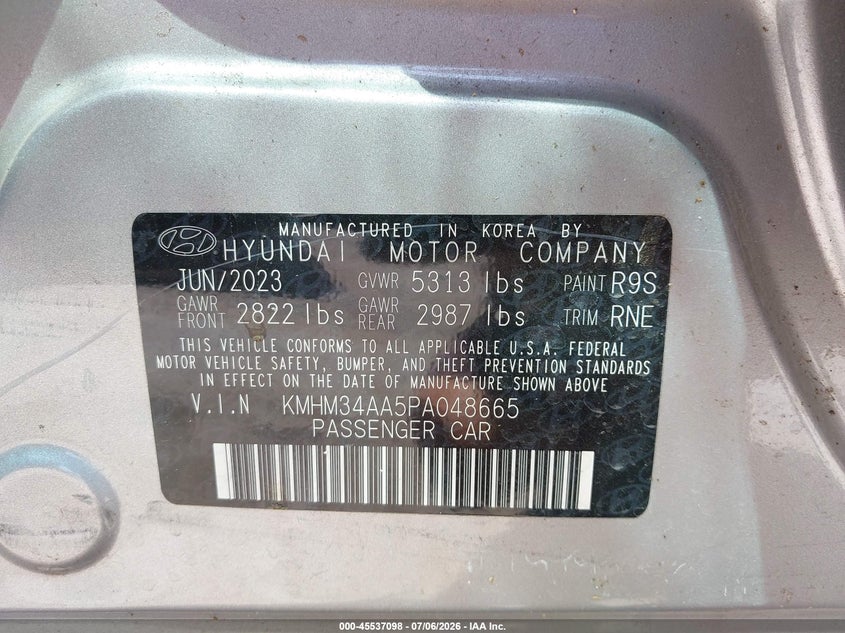 2023 Hyundai Ioniq 6 Sel VIN: KMHM34AA5PA048665 Lot: 45537098
