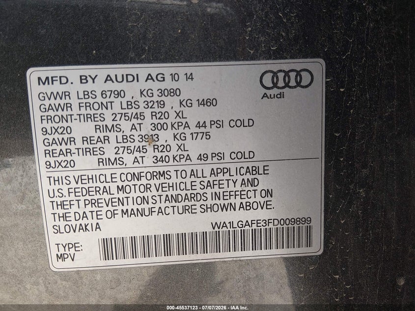 2015 Audi Q7 3.0T Premium VIN: WA1LGAFE3FD009899 Lot: 45537123