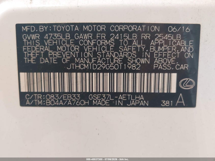 2016 Lexus Is 300 VIN: JTHCM1D29G5011982 Lot: 45537300