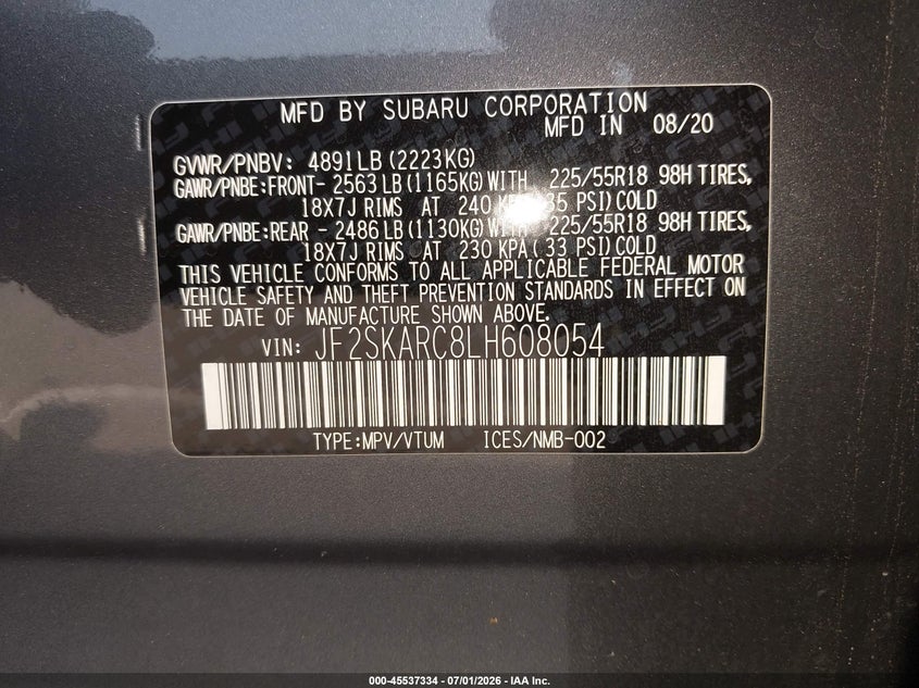 SUBARU FORESTER 2020 VIN JF2SKARC8LH608054