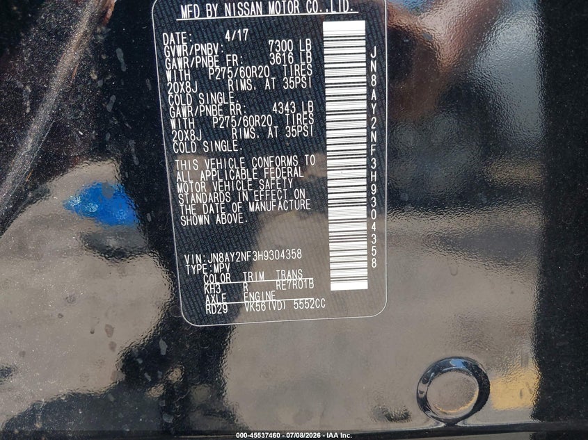 2017 Nissan Armada Platinum VIN: JN8AY2NF3H9304358 Lot: 45537460