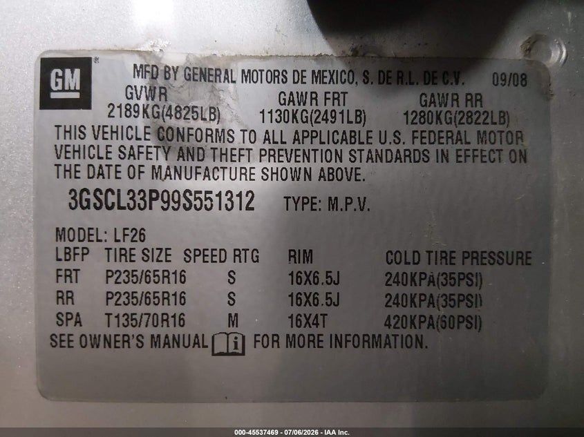 2009 Saturn Vue Xe VIN: 3GSCL33P99S551312 Lot: 45537469