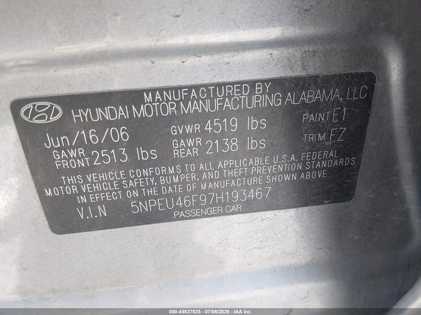 2007 Hyundai Sonata Limited/Limited W/Xm/Se/Se W/Xm VIN: 5NPEU46F97H193467 Lot: 45537525