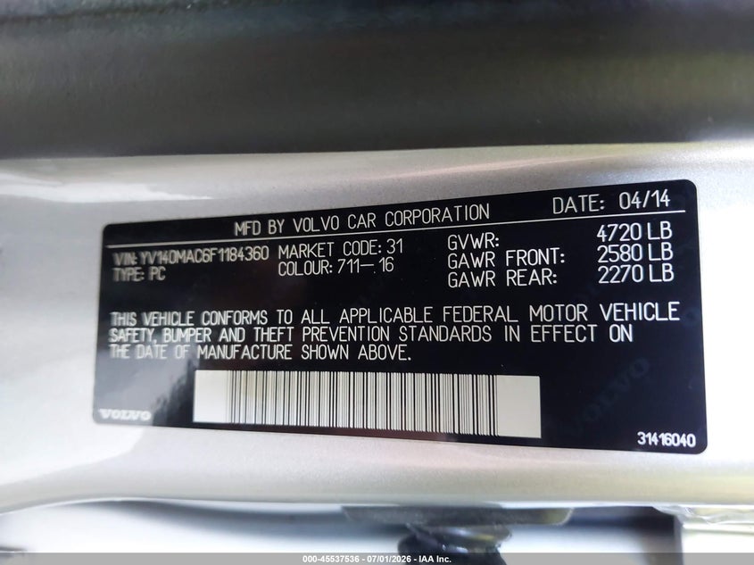 2015 Volvo S80 T5 Premier Plus VIN: YV140MAC6F1184360 Lot: 45537536