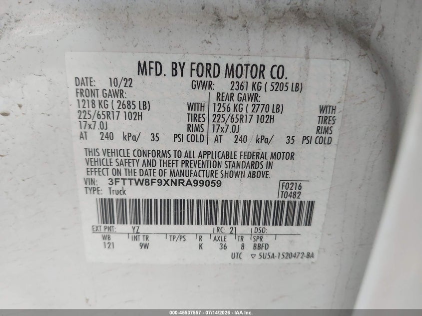 2022 Ford Maverick Lariat/Xl/Xlt VIN: 3FTTW8F9XNRA99059 Lot: 45537557