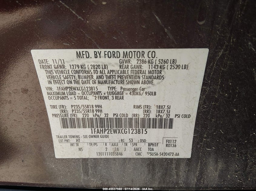 2012 Ford Taurus Sel VIN: 1FAHP2EWXCG123815 Lot: 45537560