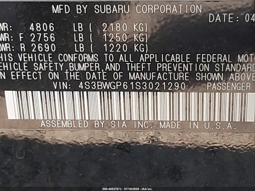 2025 Subaru Legacy Touring Xt VIN: 4S3BWGP61S3021290 Lot: 45537573