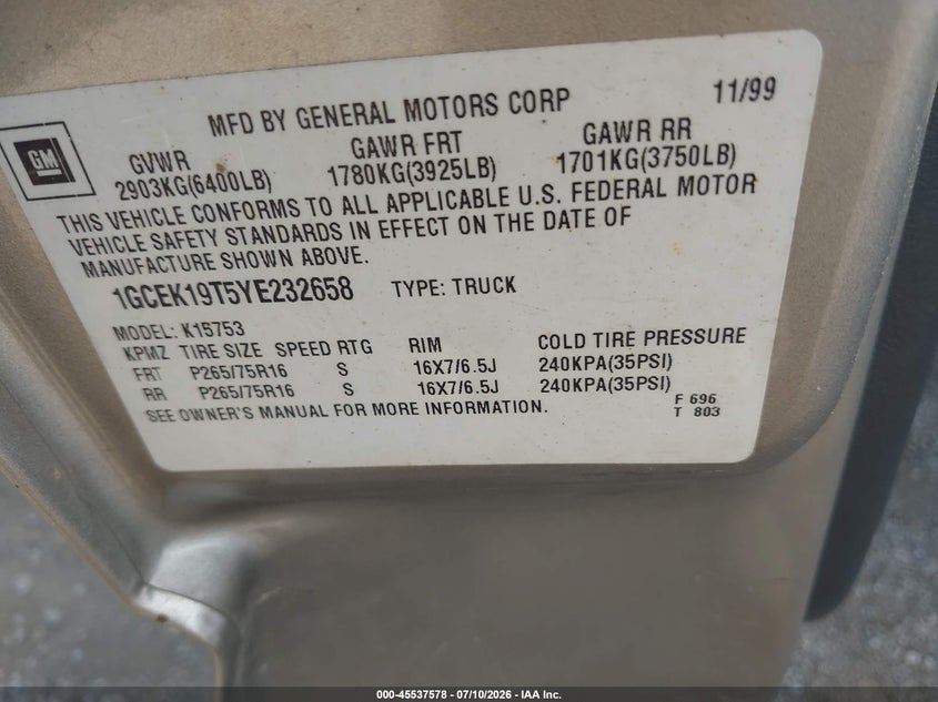 2000 CHEVROLET SILVERADO PICKUP 5.3L V-8 285HP