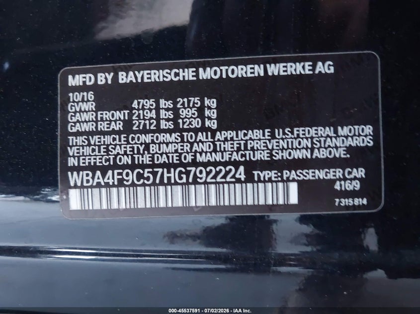 2017 BMW 430I Gran Coupe xDrive VIN: WBA4F9C57HG792224 Lot: 45537591