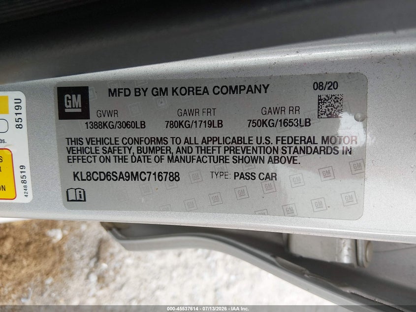 CHEVROLET SPARK 2021 VIN KL8CD6SA9MC716788