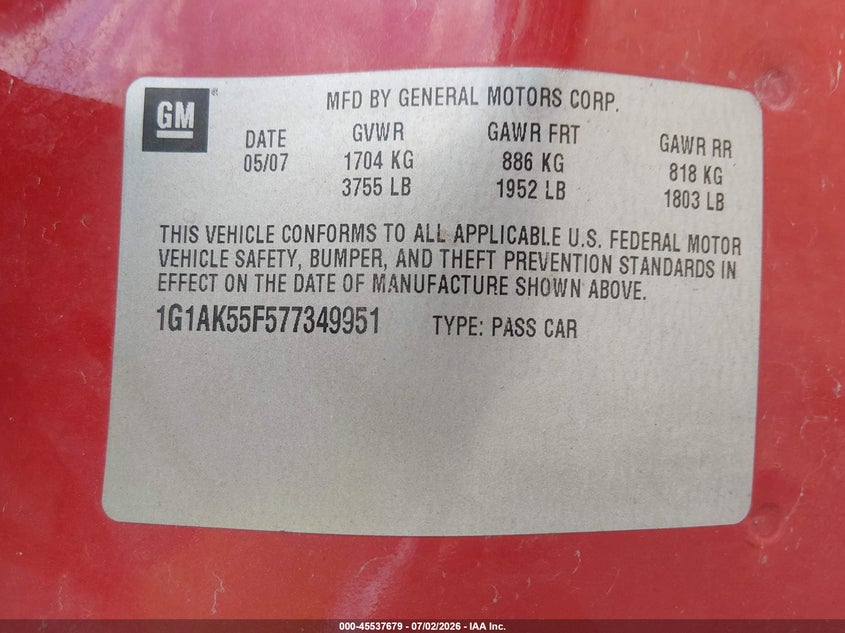 2007 Chevrolet Cobalt Ls VIN: 1G1AK55F577349951 Lot: 45537679