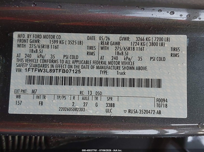 FORD F-150 2026 VIN 1FTFW3L89TFB07125