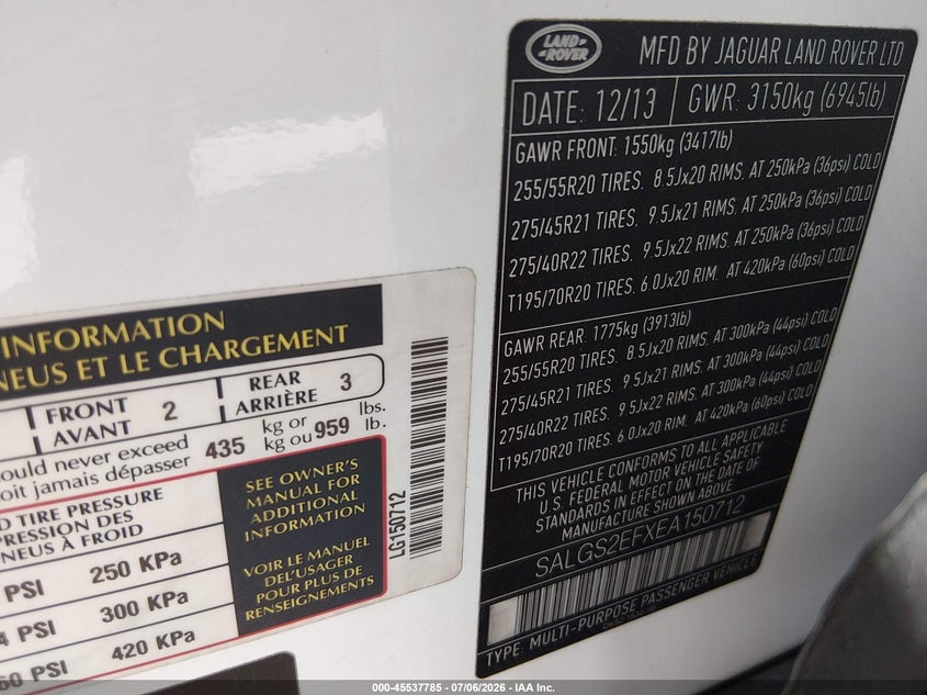 2014 Land Rover Range Rover 5.0L V8 Supercharged/5.0L V8 Supercharged Ebony Edition VIN: SALGS2EFXEA150712 Lot: 45537785