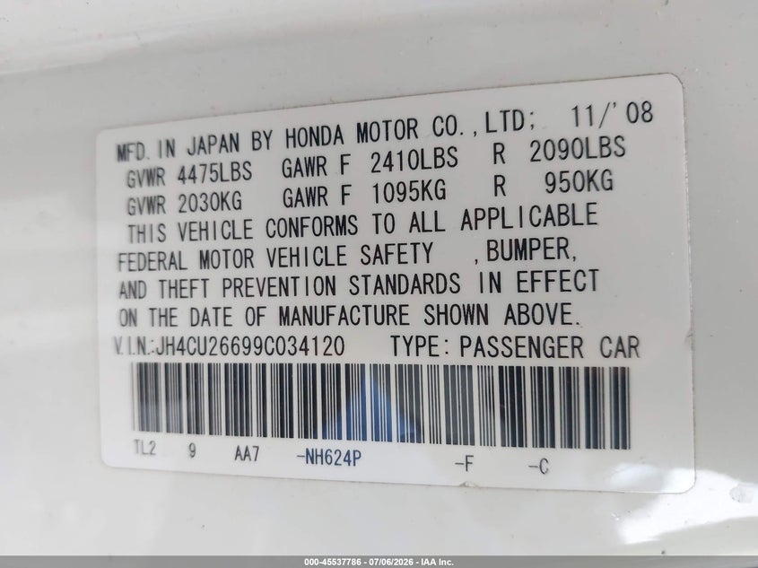 2009 Acura Tsx VIN: JH4CU26699C034120 Lot: 45537786