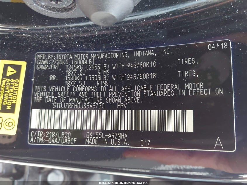 2018 TOYOTA HIGHLANDER SPORT UTILITY VEHICLE 3.5L V-6 DI, DOHC, VVT, 295HP