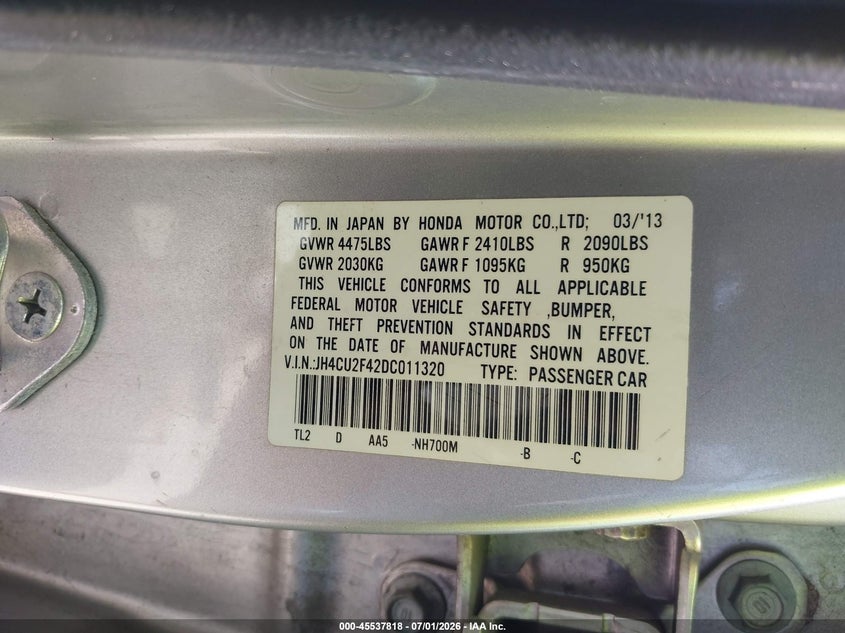 2013 Acura Tsx 2.4 VIN: JH4CU2F42DC011320 Lot: 45537818