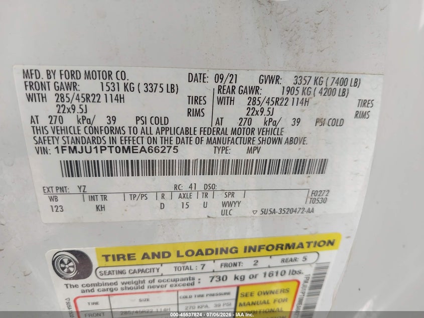 2021 Ford Expedition King Ranch VIN: 1FMJU1PT0MEA66275 Lot: 45537824