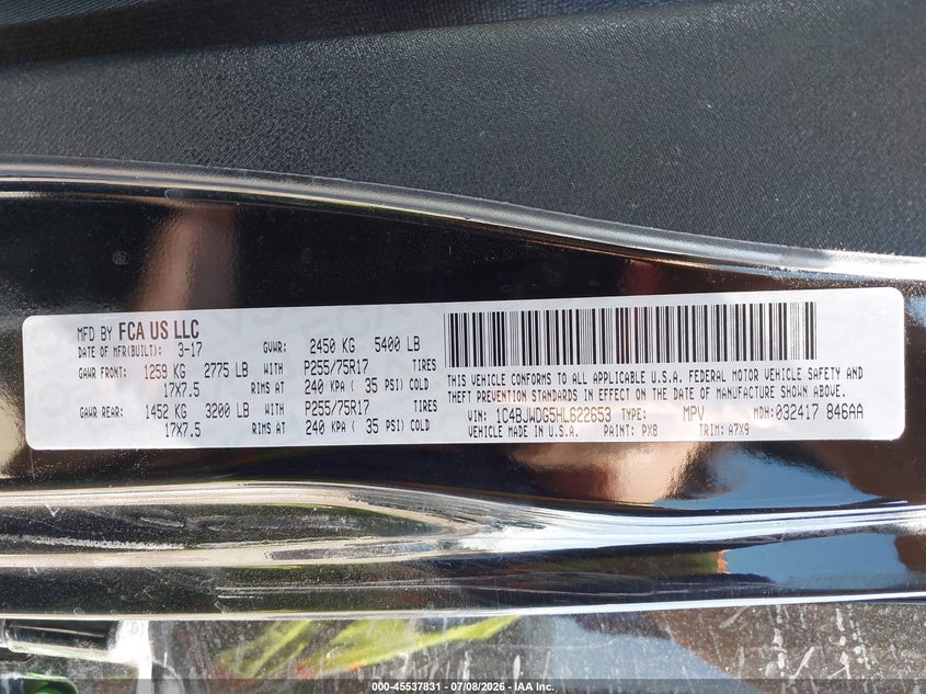 JEEP WRANGLER UNLIMITED 2017 VIN 1C4BJWDG5HL622653
