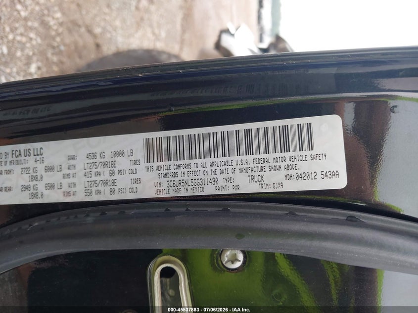 RAM 2500 2016 VIN 3C6UR5NL5GG311430