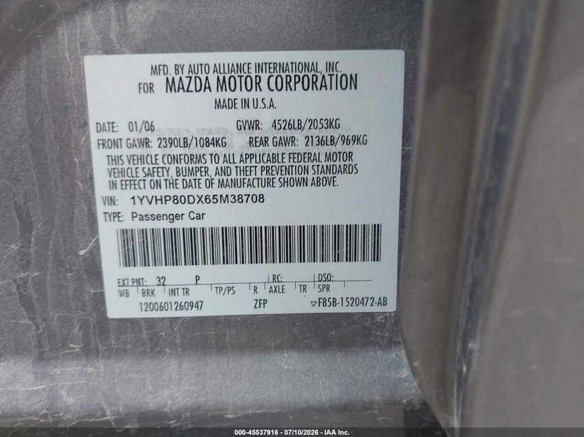 2006 Mazda Mazda6 Sport S VIN: 1YVHP80DX65M38708 Lot: 45537916