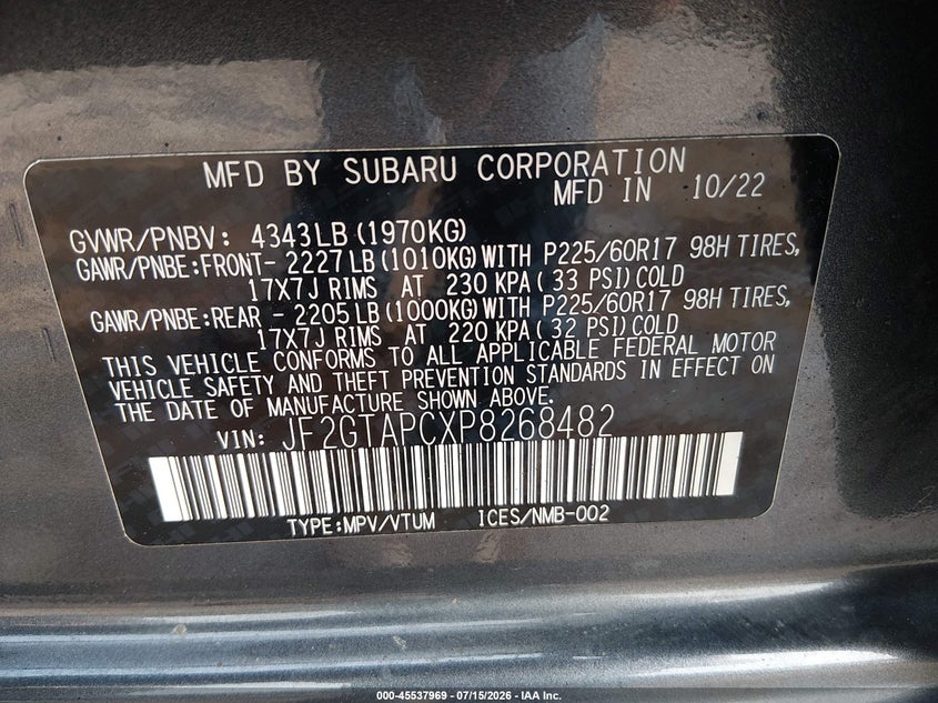 SUBARU CROSSTREK 2023 VIN JF2GTAPCXP8268482