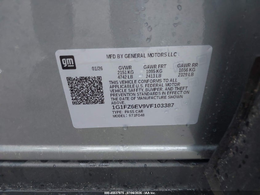 2027 Chevrolet Bolt Rs Fwd VIN: 1G1FZ6EV9VF103387 Lot: 45537975