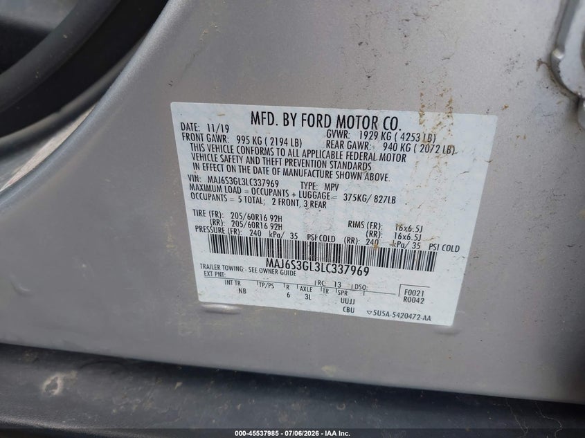 2020 Ford Ecosport Se VIN: MAJ6S3GL3LC337969 Lot: 45537985