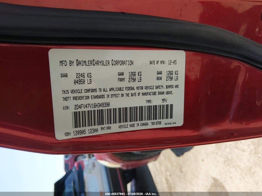 2006 Dodge Magnum VIN: 2D4FV47V16H349390 Lot: 45537992