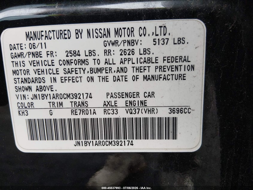 2012 Infiniti M37X VIN: JN1BY1AR0CM392174 Lot: 45537993