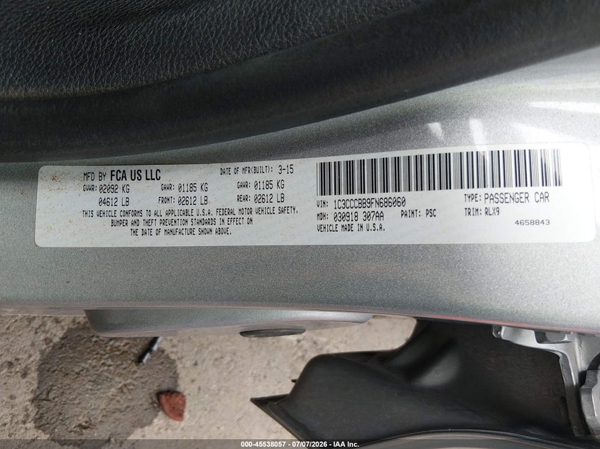 2015 Chrysler 200 S VIN: 1C3CCCBB9FN686060 Lot: 45538057