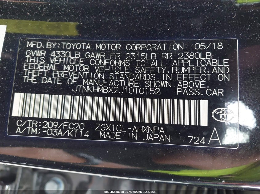 2018 Toyota C-Hr Xle Premium VIN: JTNKHMBX2J1010152 Lot: 45538058