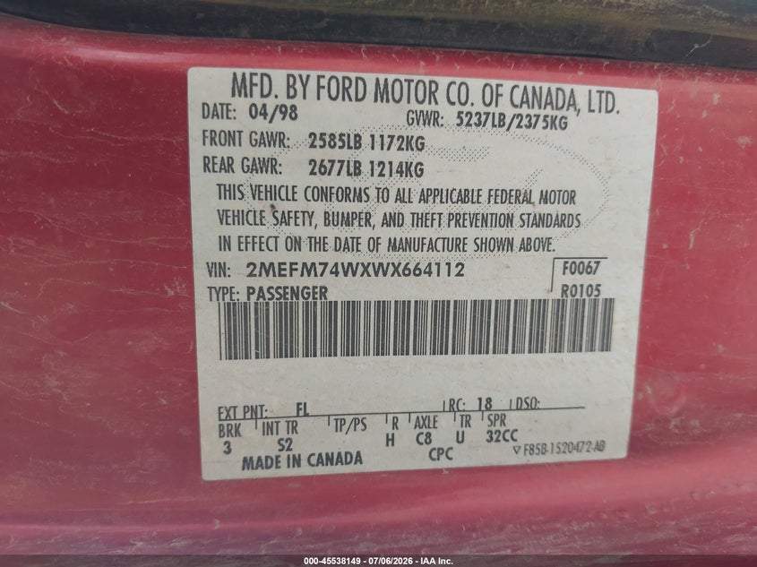 1998 Mercury Grand Marquis VIN: 2MEFM74WXWX664112 Lot: 45538149